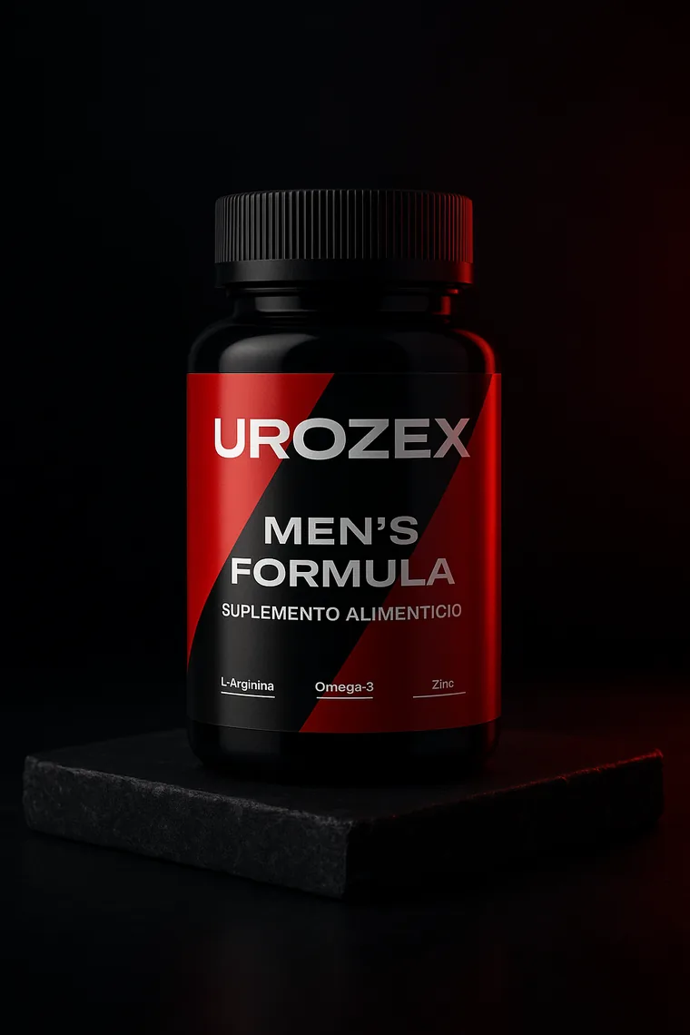 Frasco negro de Urozex Men's Formula con la banda diagonal roja en Z, suplemento alimenticio en cápsulas
